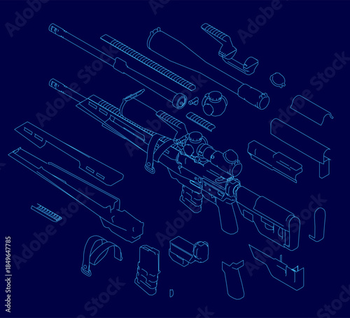 Modern sniper rifle blueprint on a blue technical background, displaying its detailed contour and mechanical parts for a tactical concept.