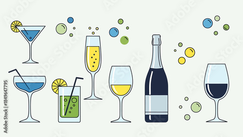 Flat lay illustration of assorted colorful cocktails and wine glasses with bubbles on a light green background