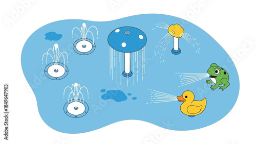 A whimsical splash pad featuring a mushroom-shaped water feature, a yellow duck, and a green frog spraying water, surrounded by smaller water jets and puddles.