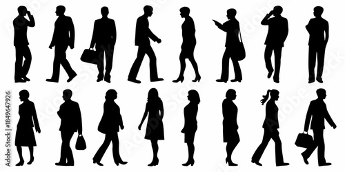 Silhouettes of people walking in various poses and business attire