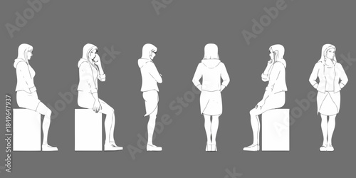 A series of outlined figures depicting people in varied casual clothing