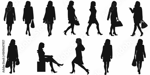 Silhouette series depicting women in business attire walking and posing
