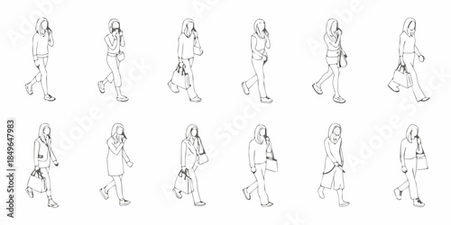 Line art illustration of walking women in various poses and outfits