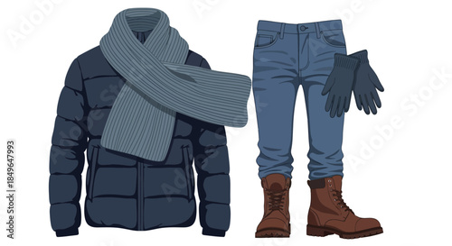 Winter Clothing Outfit Flat Lay Illustration.