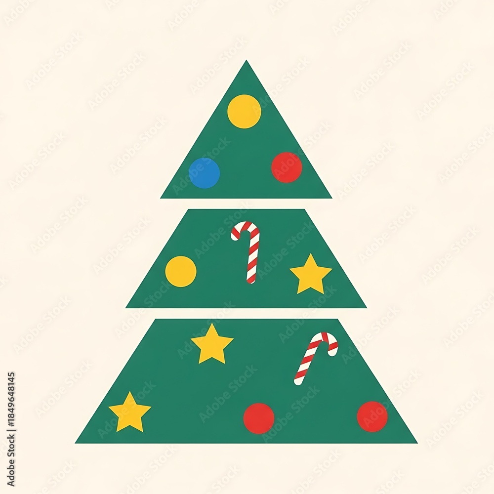 Fototapeta premium Geometric Christmas tree graphic with colorful ornaments on white background