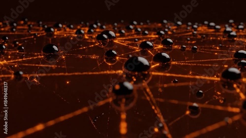 Abstract network of dark, glossy spheres linked by luminous orange energy trails