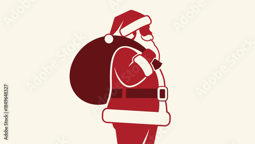 A stylized red and white illustration of Santa Claus carrying a large sack over his shoulder, ready to deliver presents.