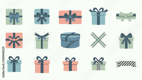 A diverse collection of flat design gift boxes and decorative ribbons in various pastel colors and shapes, suitable for celebrations.
