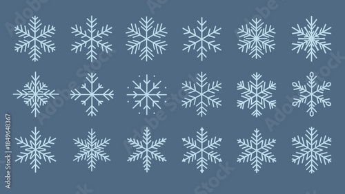 Collection of various intricate blue and white snowflake designs on a solid blue background, representing winter and cold weather.