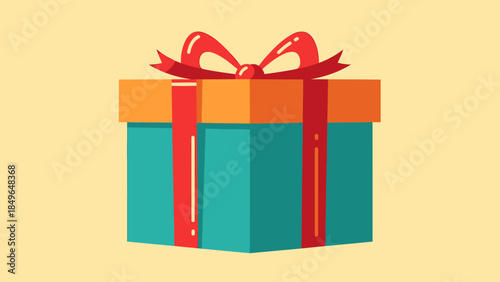 A stylized illustration of a teal gift box with an orange lid and a red ribbon tied in a bow, set against a light yellow background.