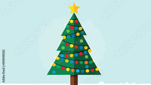 A festive illustration of a green Christmas tree adorned with colorful lights and a yellow star on top, set against a light blue background.