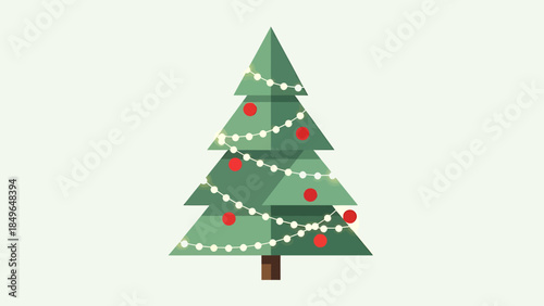 A stylized flat design illustration of a green Christmas tree decorated with white string lights and red baubles on a light background.
