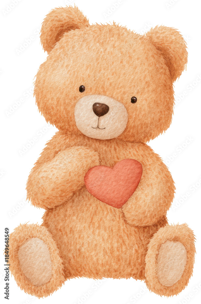 Obraz premium Watercolor illustration teddy bear holding a heart for Valentine's Day. The bear is sitting on a white background, showing warmth and affection. The gentle brush strokes add charm.