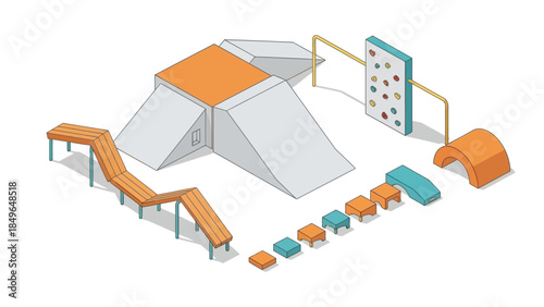 An isometric illustration of a modern outdoor dog agility course with various obstacles for training and play.