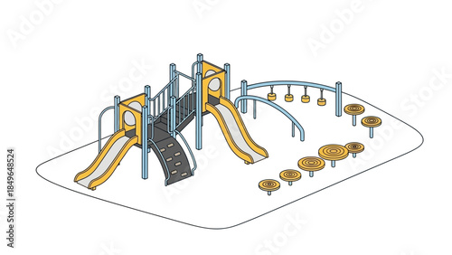 A colorful isometric illustration of a modern playground with slides, bridges, and stepping stones.