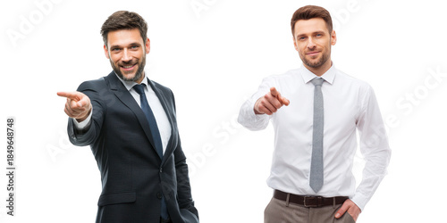 Confident businessmen pointing at camera, isolated on transparent background png
