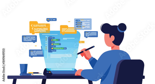 Person working on computer with code and data visualization.