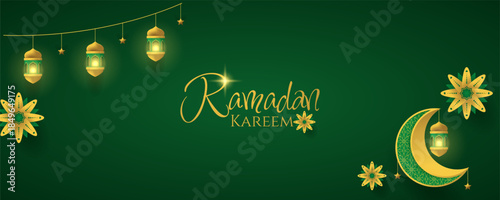 Ramadan kareem design with lanterns, crescent and stars.