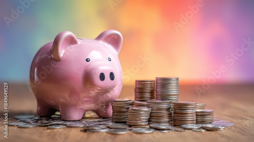 Pink ceramic piggy bank sits beside organized stacks of metallic currency on a wooden surface with a colorful background