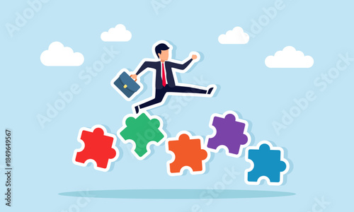 Businessman jumping across puzzle pieces illustrating switching business fields and adapting to new opportunities and directions