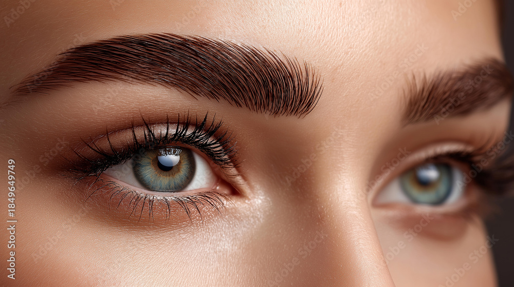 Fototapeta premium Before and after eyebrow enhancement comparison, beauty tutorial demonstration, cosmetic product advertising, salon promotion imagery, transformation results, with copy space