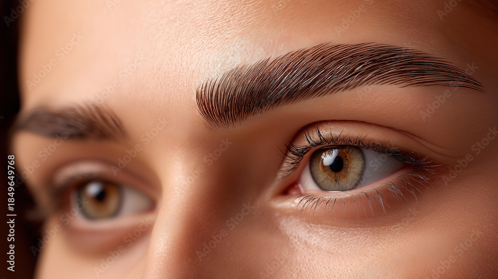 Fototapeta premium Before and after eyebrow enhancement comparison, beauty tutorial demonstration, cosmetic product advertising, salon promotion imagery, transformation results, with copy space