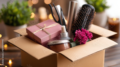 Cardboard delivery box with hair styling tools and beauty products, happy shopping and unboxing experience, cosmetic package arrival, online beauty purchase, with copy space
