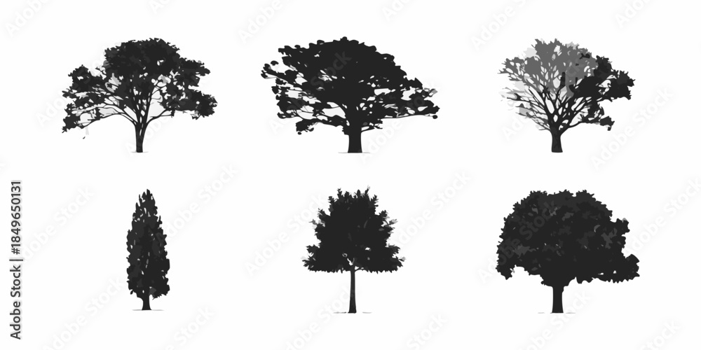 Fototapeta premium Collection of silhouettes depicting diverse tree types against a white background
