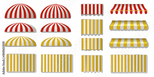 Collection of colorful awning designs with striped patterns isolated on white background