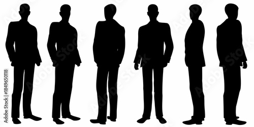 Silhouettes of six men in suits standing in a row against a white background