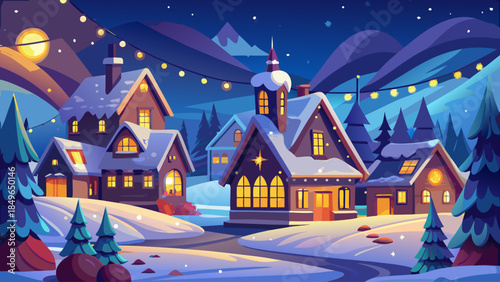 Charming village scene at night during winter, featuring snow-covered houses adorned with twinkling Christmas lights, evoking a peaceful and joyful seasonal holiday mood