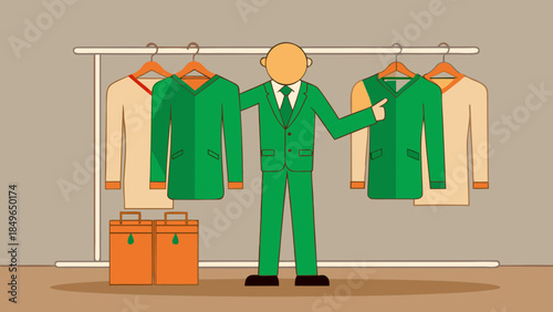 A tailor showcasing green suits on hangers while holding garment bags in a clothing store