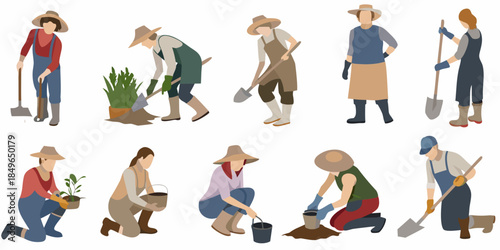 Diverse group of farmers gardening and tending to plants in a field
