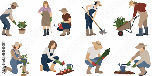 Diverse gardeners tending to plants and flowers in a vibrant outdoor scene