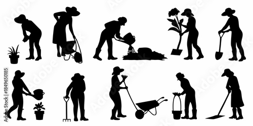 Silhouettes of people gardening planting and tending to plants in a yard