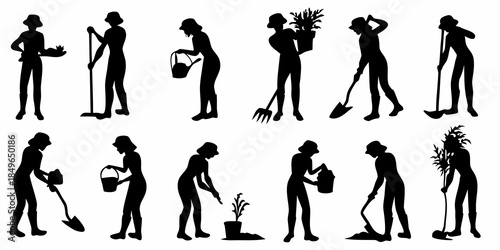 Silhouettes of people performing various gardening and household chores