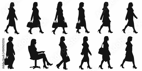 Silhouettes of fashionable women walking and posing with shopping bags