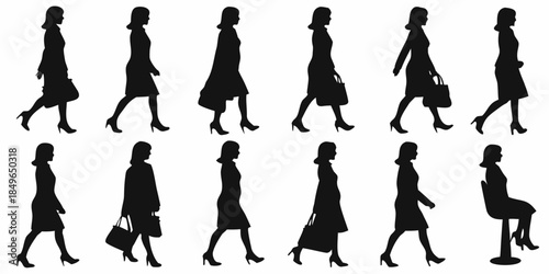 A sequence of silhouettes depicting a woman walking in various poses