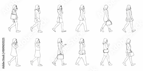 A series of minimalist line drawings depicting women walking in various poses