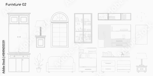 Line art illustration displaying a collection of various furniture pieces