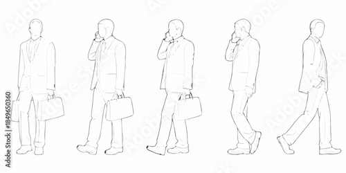 Line art illustration of a businessman in various walking poses