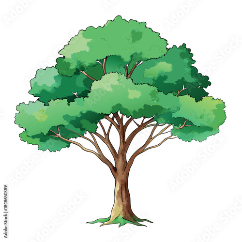 A lush green tree with a wide leafy canopy and brown trunk, illustrated in a soft watercolor vector style on a white background.