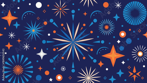 Colorful fireworks explode against a deep blue background, creating a vibrant and festive atmosphere..eps