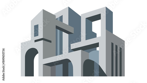A complex, abstract architectural structure with geometric shapes and arches in shades of grey and blue, rendered as a stylized illustration.