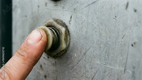 Finger Pressing Metal Doorbell Button Closeup.
