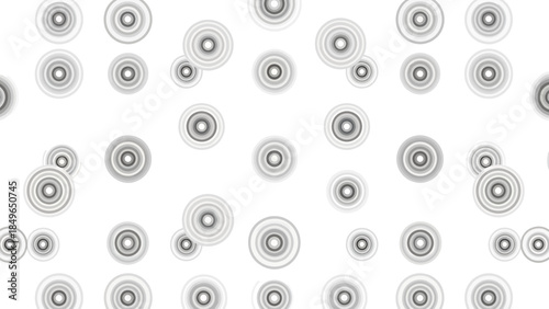 A minimalist abstract background featuring numerous scattered concentric grey and white circular ripple patterns on a clean white surface.
