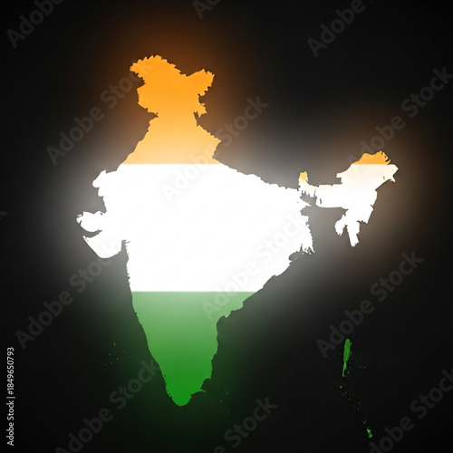 Outline map of India in national flag colors glowing effect symbolizing patriotism and national pride isolated on black