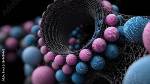 Microscopic structure reveals a spiraling arrangement of textured spheres against a dark background