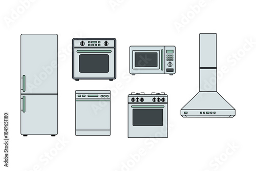 Filled color kitchen appliance icons including blender, mixer, oven, microwave, cookware and utensils. Perfect for cooking apps, UI, websites, and infographics.