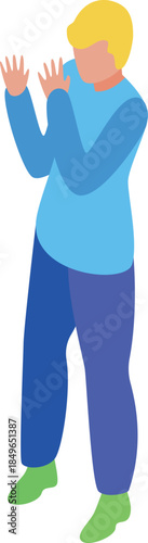 Young boy raising hands to protect himself, isometric illustration